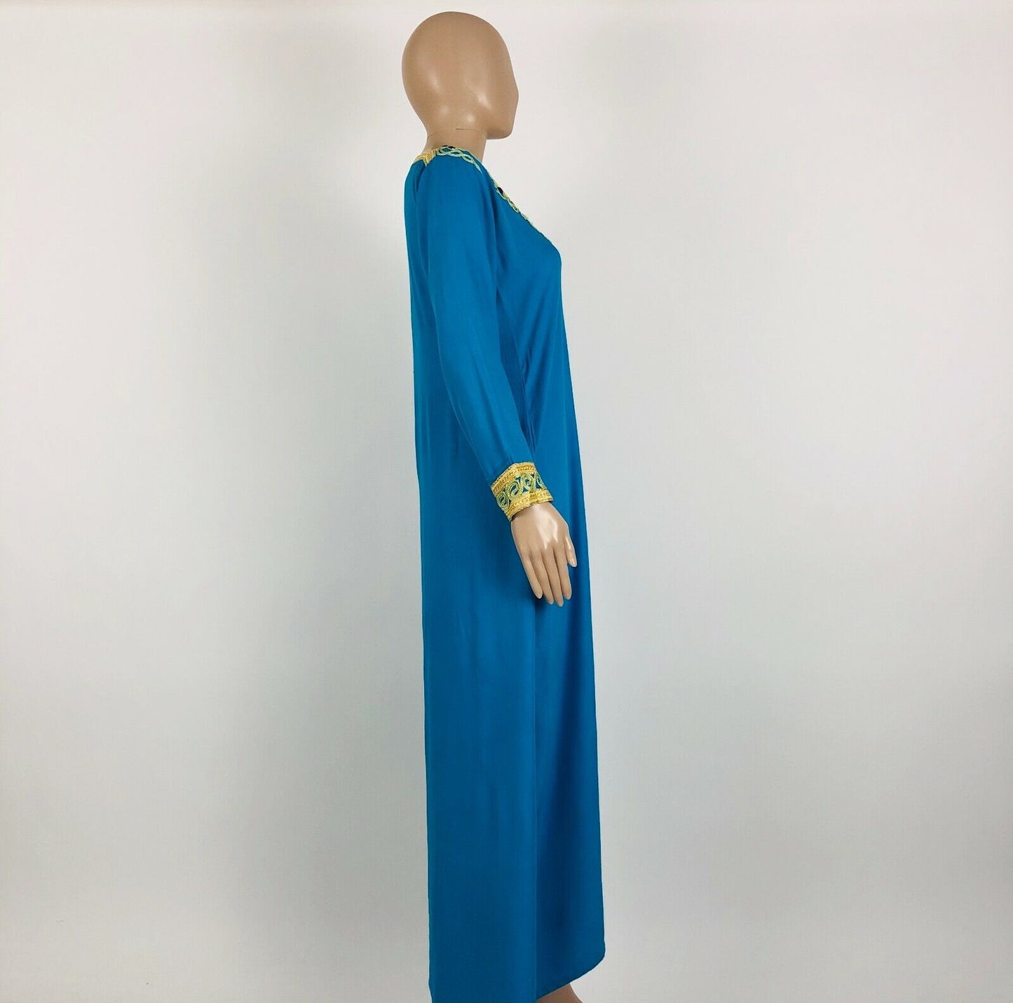 Unbranded Handmade Blue Gold Embroidered Kaftan Long Tunic Dress Size M