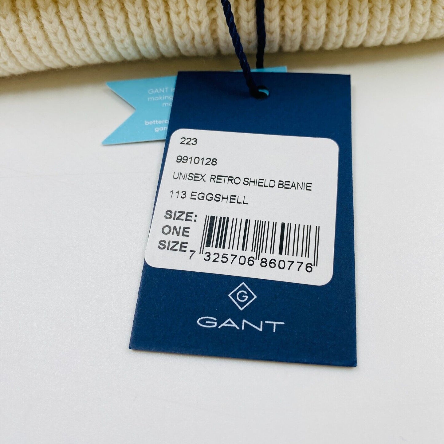 GANT Unisex Eggshell White Cotton Wool Blend Beanie Winter Hat One Size