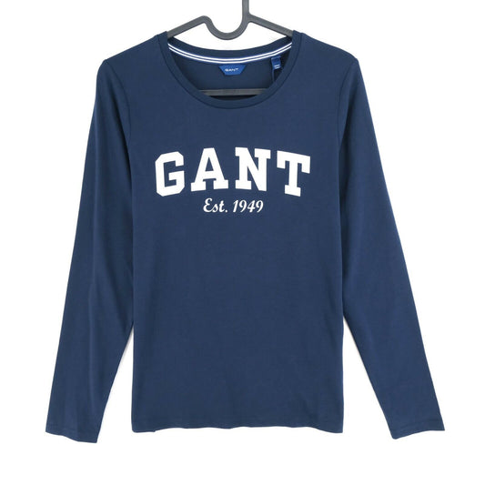 GANT Marineblaues T-Shirt mit großem Logo, Rundhalsausschnitt, lange Ärmel, Größe XS