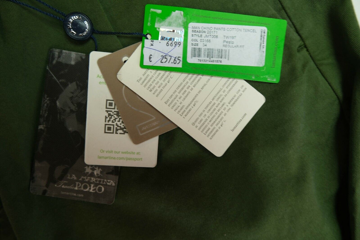 LA MARTINA Green Cotton Chino Regular Fit Pants Trousers Size W34 L34