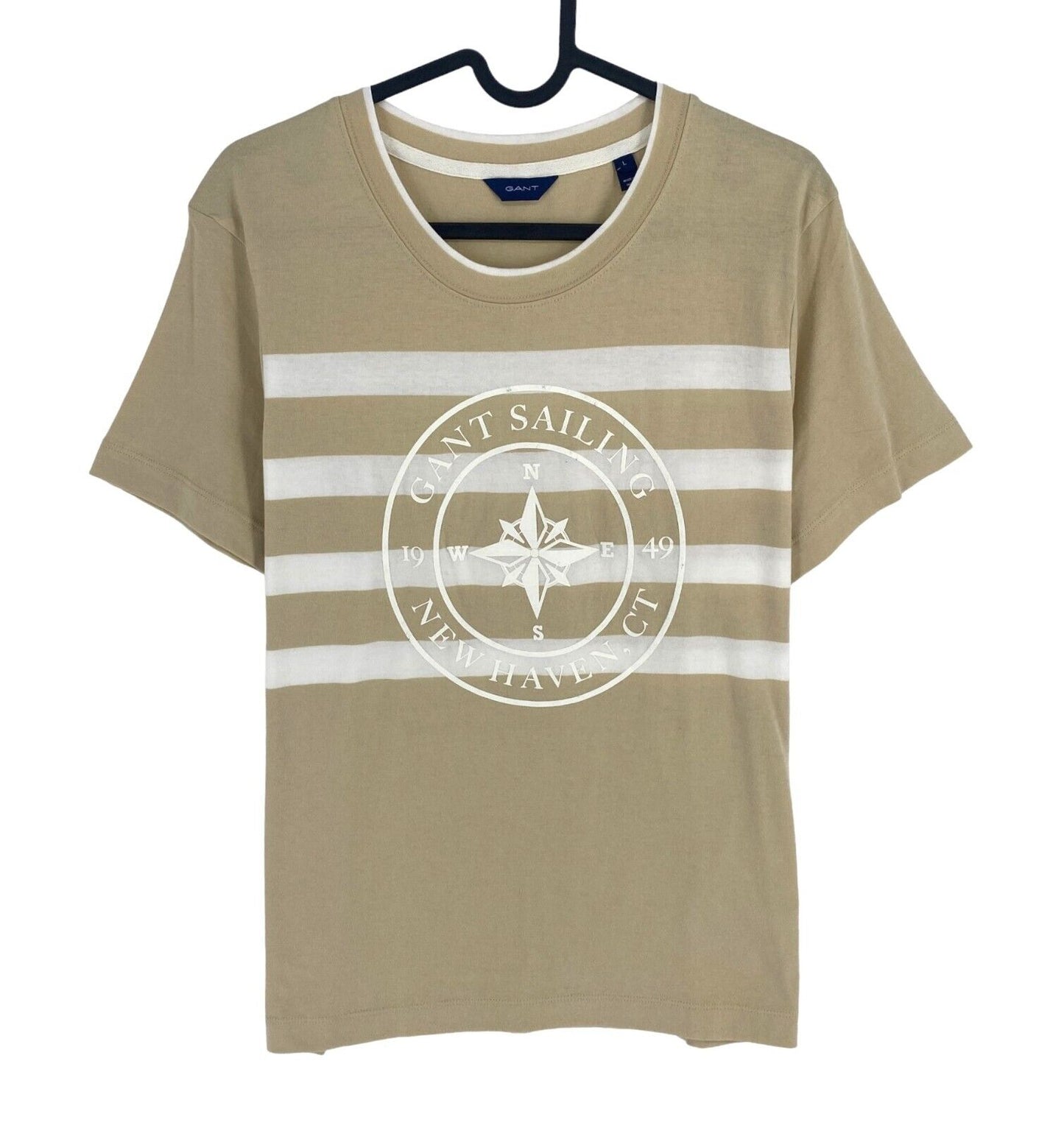 GANT Women Beige Printed Striped Crew Neck Short Sleeve T Shirt Size L