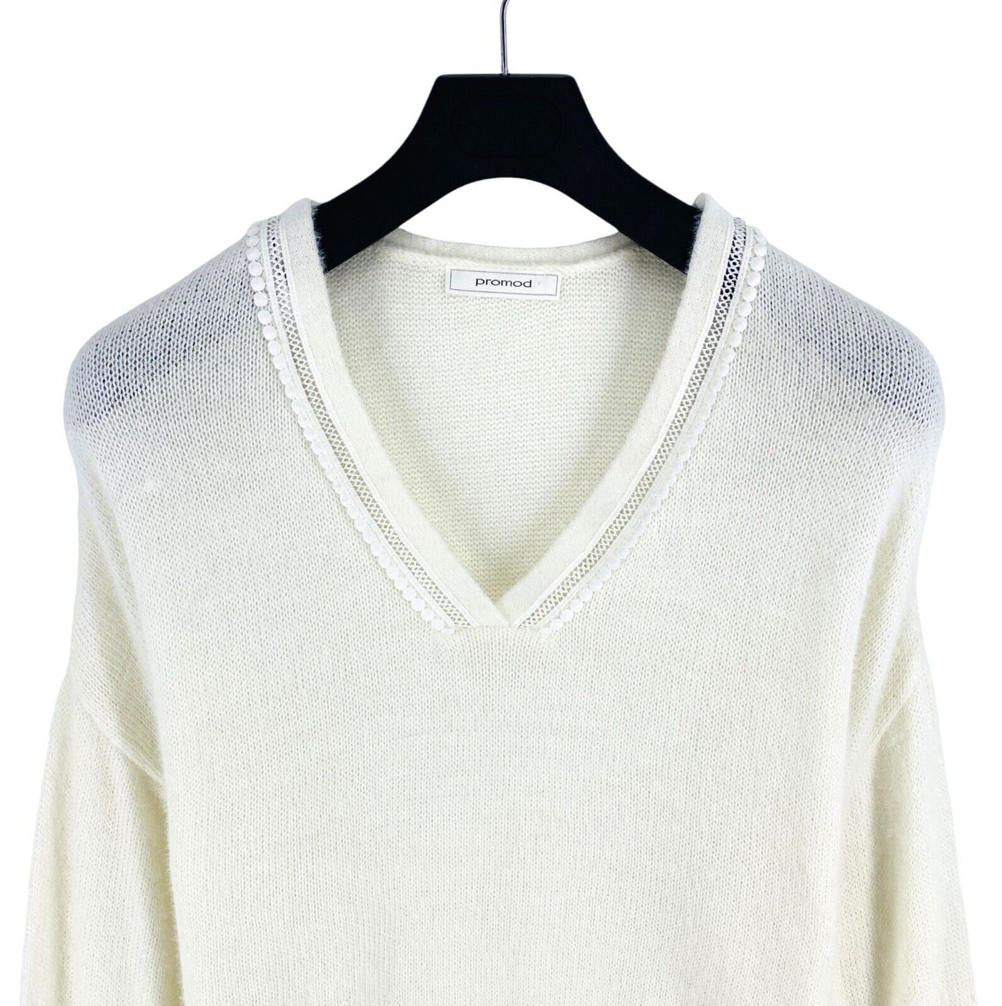 PROMOD Women White V Neck Knitted Sweater Jumper Size XL