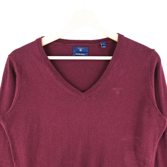 GANT Bordeaux Red V Neck Cotton Wool Blend Sweater Jumper Size S