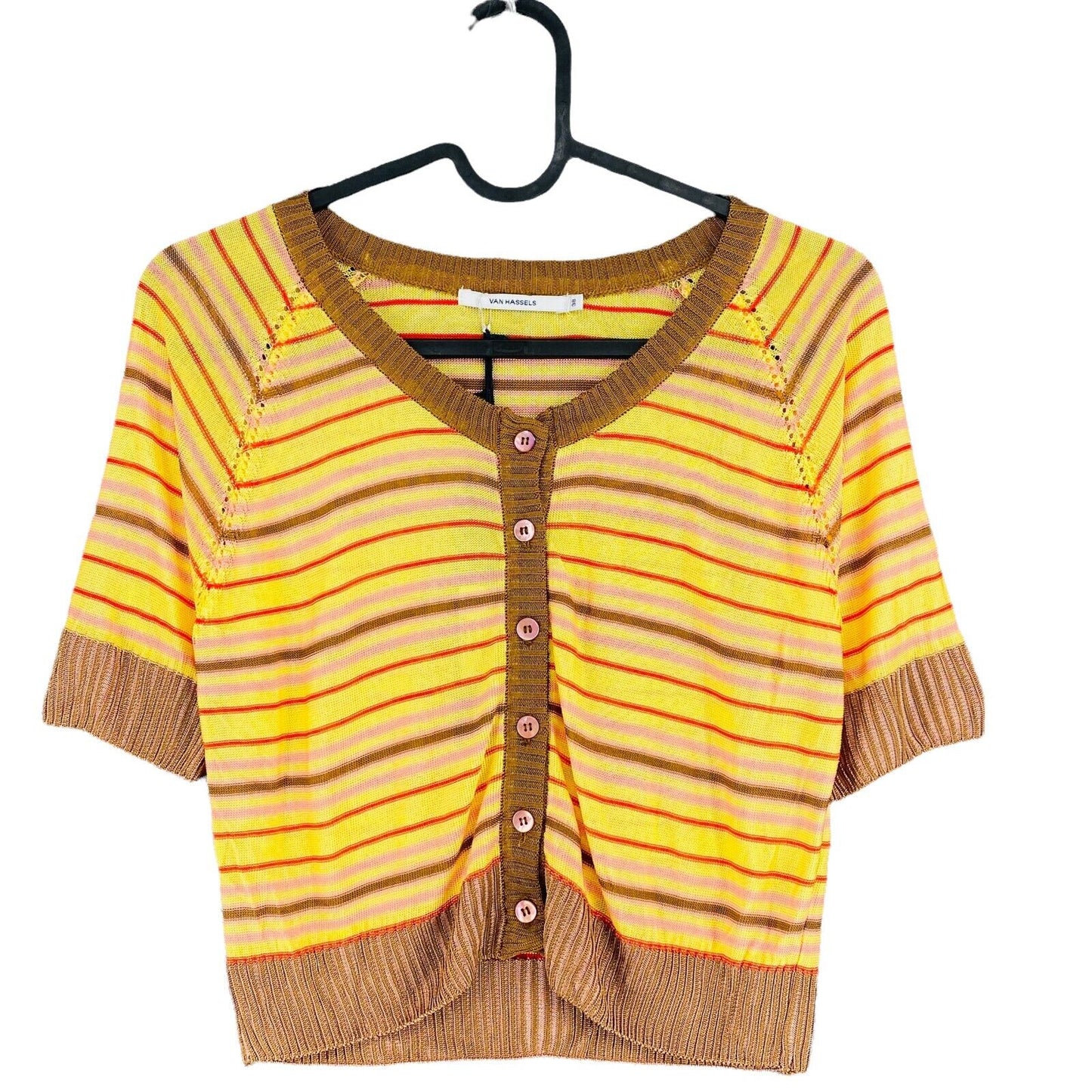 VAN HASSELS Rayé Jaune Tricot Cardigan Jumper Taille EU 38 40 UK 10 12 US 8 10