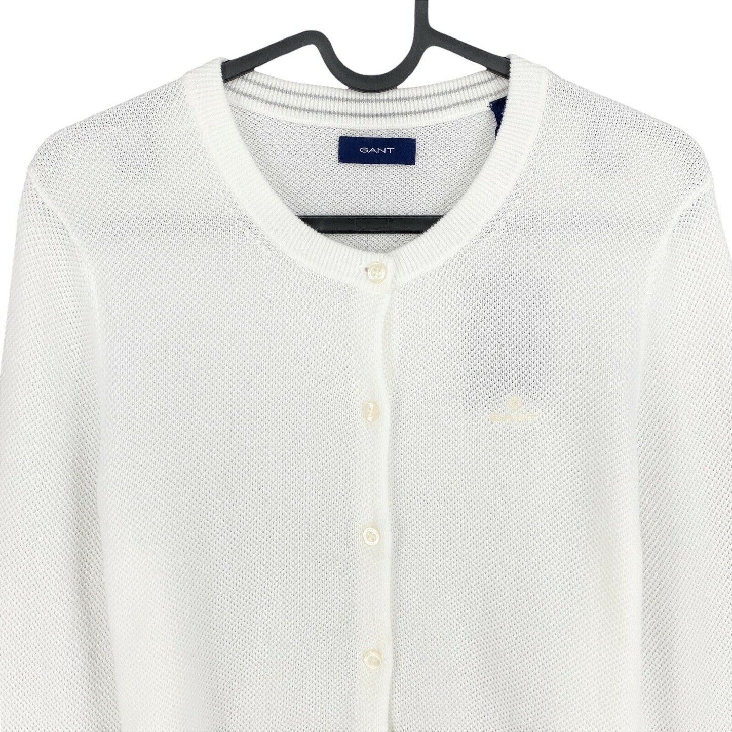 GANT White Cotton Pique Crew Neck Cardigan Sweater Size XS