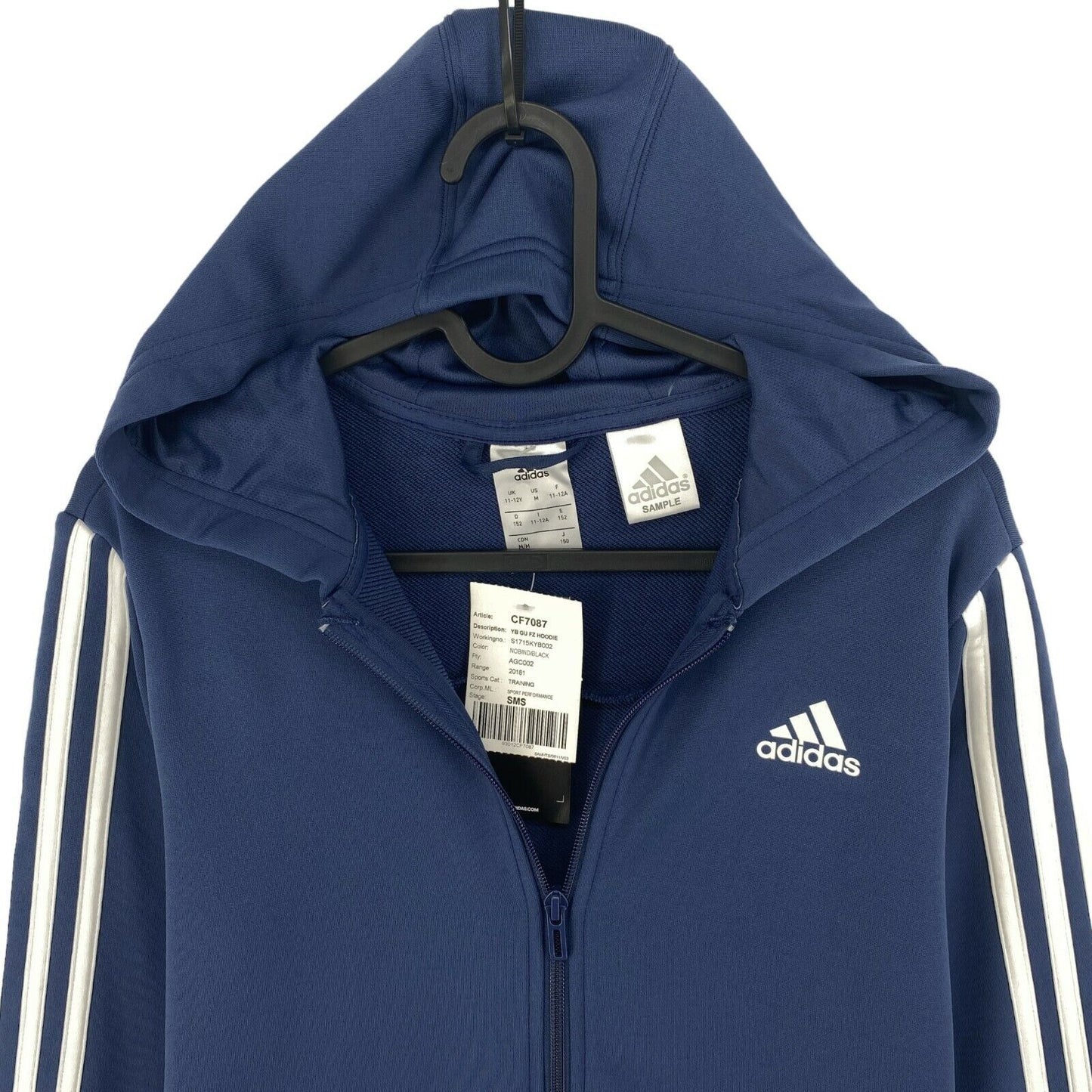 Adidas Boys Blue 3 Stripes Full Zip Hoodie Sweater Pullover Size 11 - 12 Years