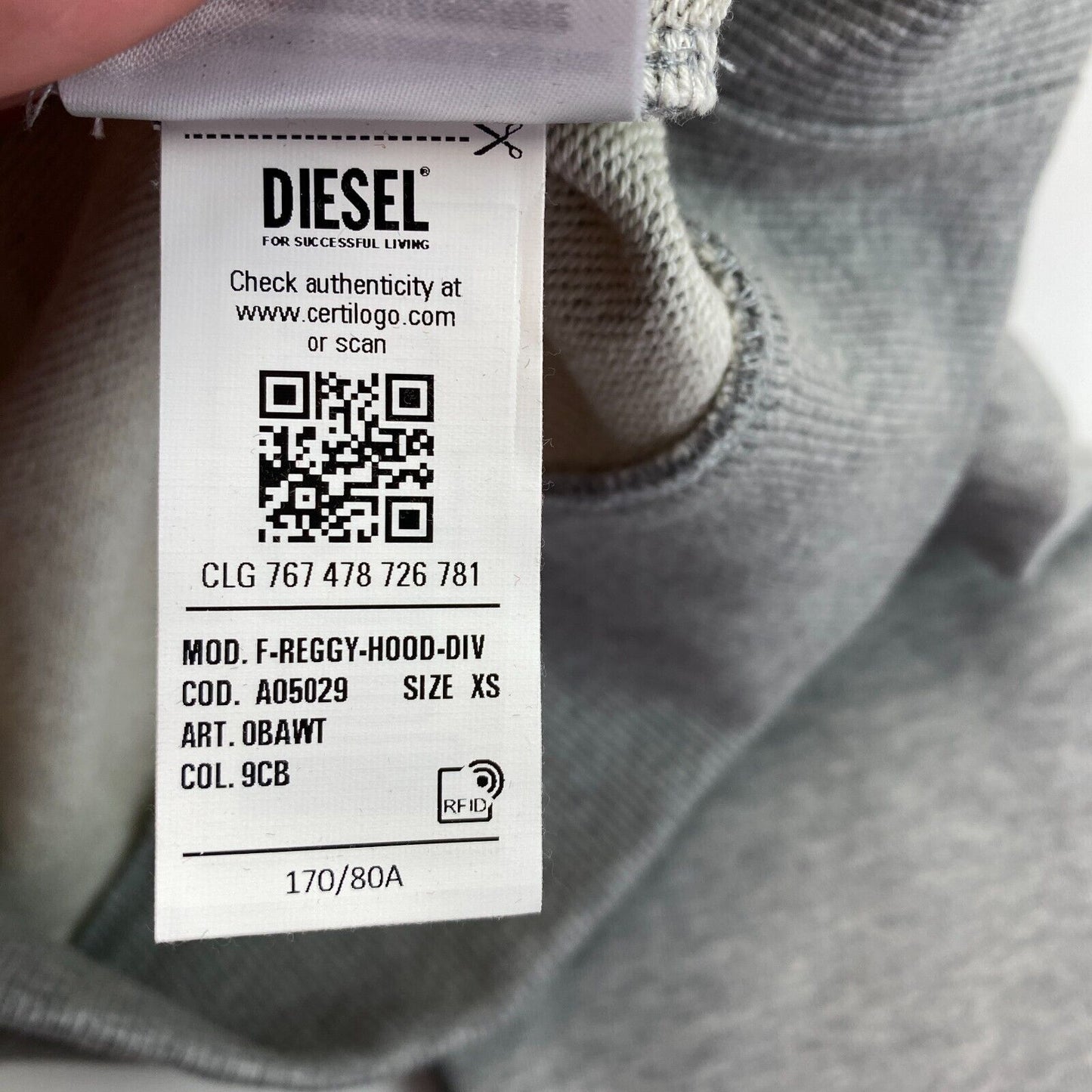 DIESEL Gris Logo Sweat à capuche Pull Taille XS