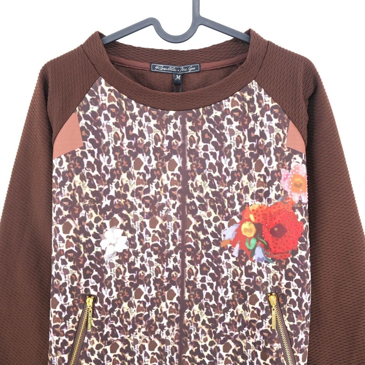 Rosalita McGee Brown Floral Print Crew Neck Jumper Pull Pull Taille M