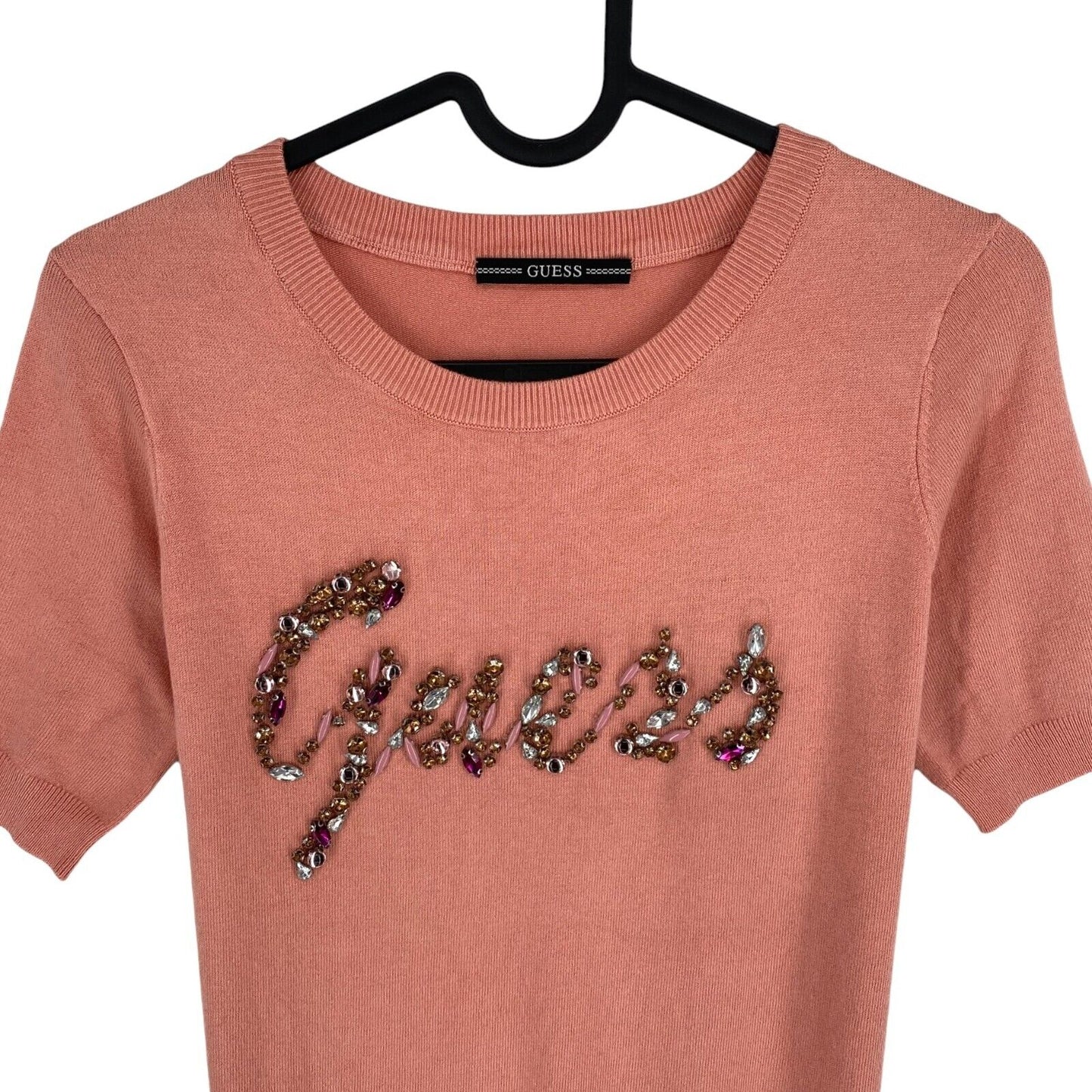 GUESS Women Dusty Pink Beaded Logo Crew Neck Short Sleeves T Shirt Size S