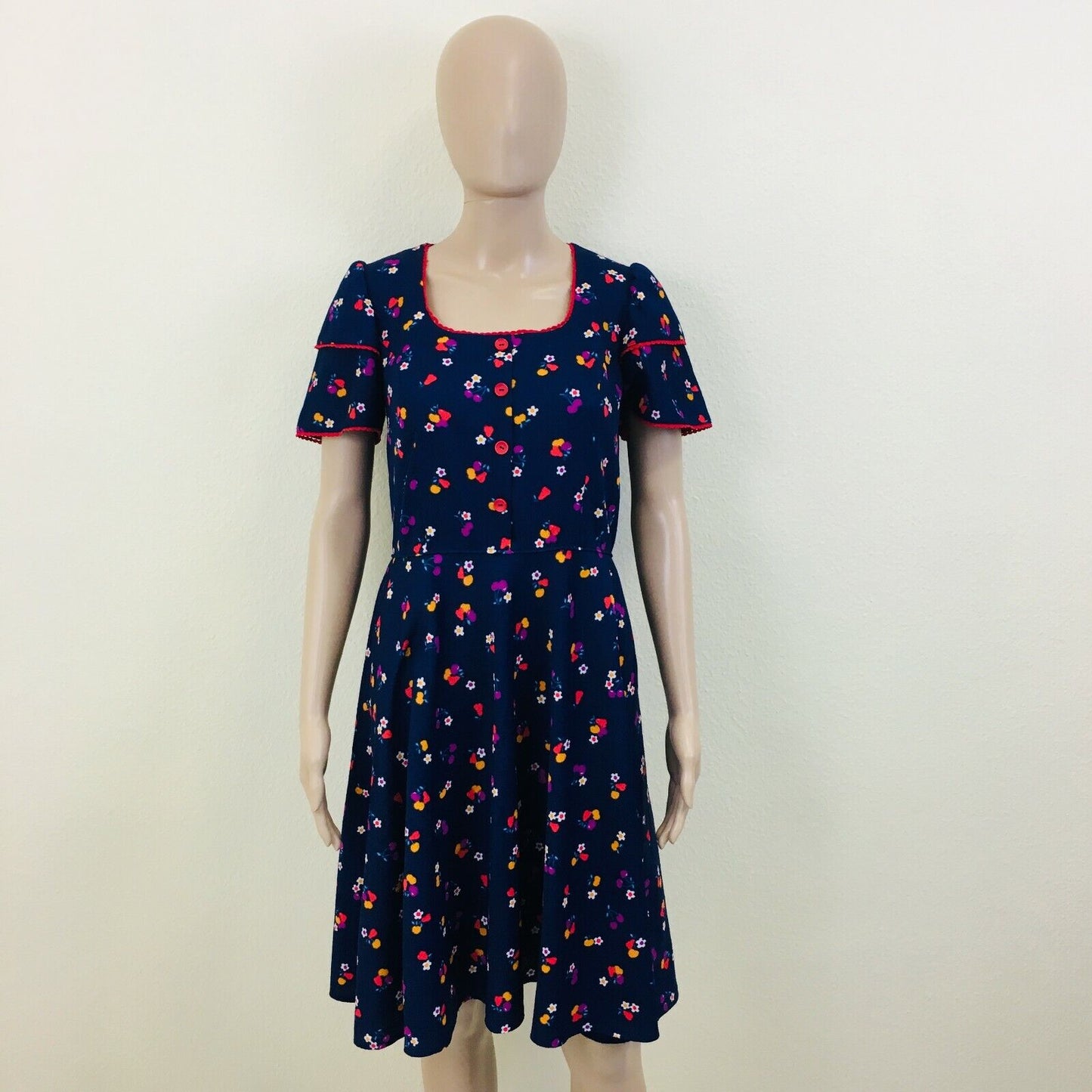 Custom Tailored French Flower Dark Blue Dress Size EUR 38 US 8 UK 10