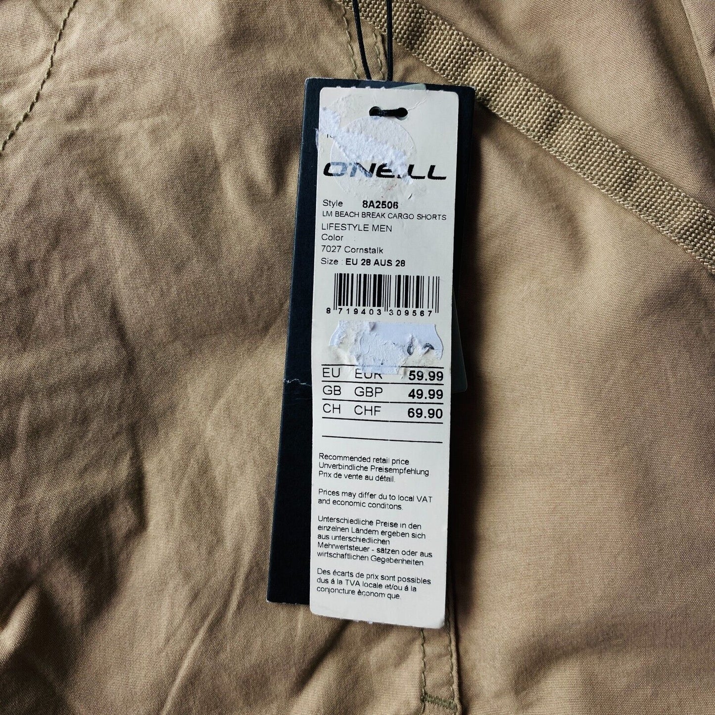 O'Neill Mens Light Brown Comfort Fit Cargo Shorts Size W28