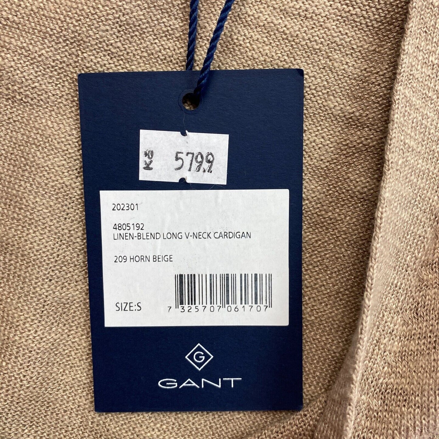 GANT Brauner Strickjackenpullover aus Leinenmischung mit langem V-Ausschnitt, Größe S