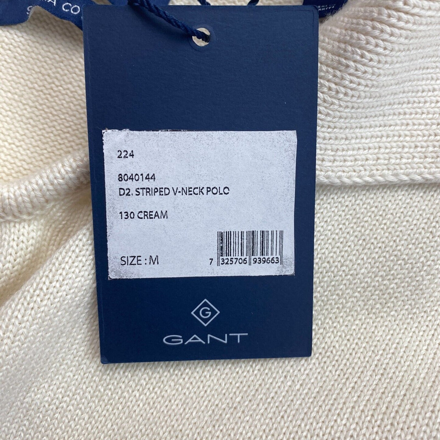 GANT Beige gestreifter Polopullover mit V-Ausschnitt, Größe M