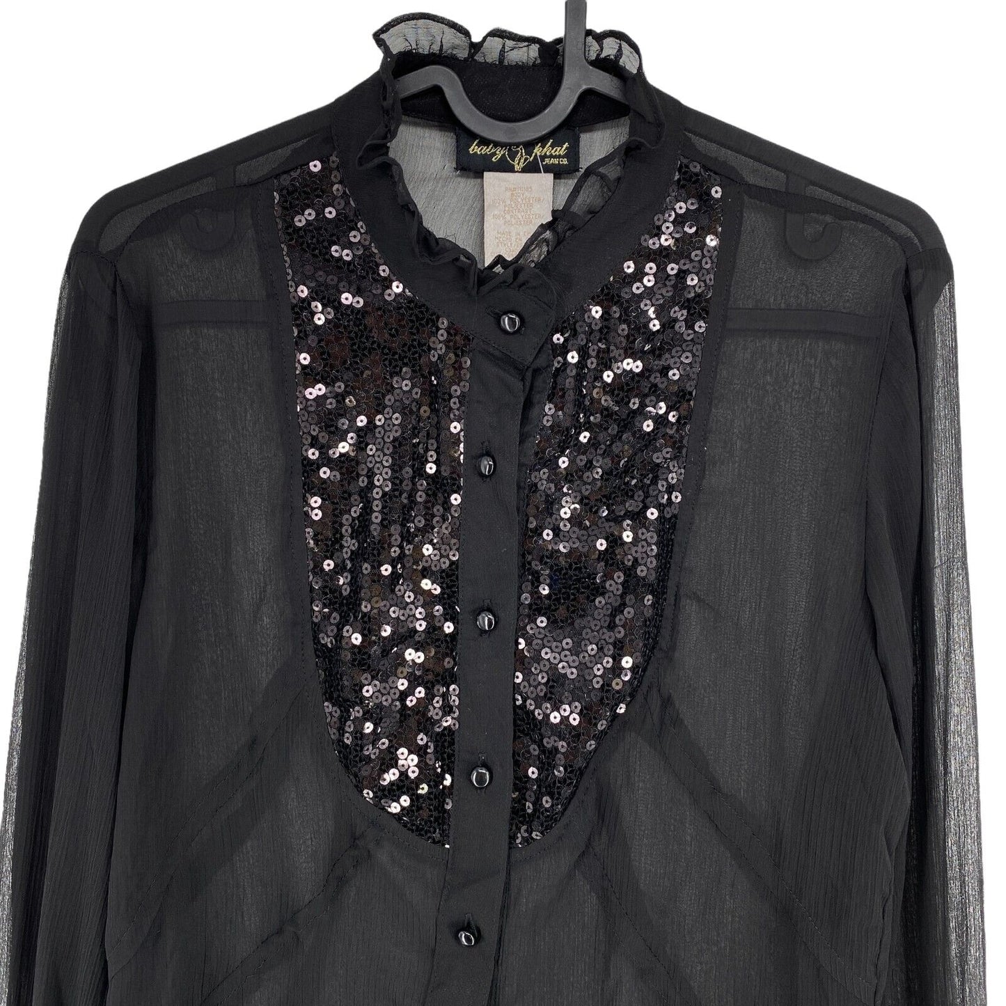 BABY PHAT Black Transparent Sequin Long Sleeve Shirt Size L