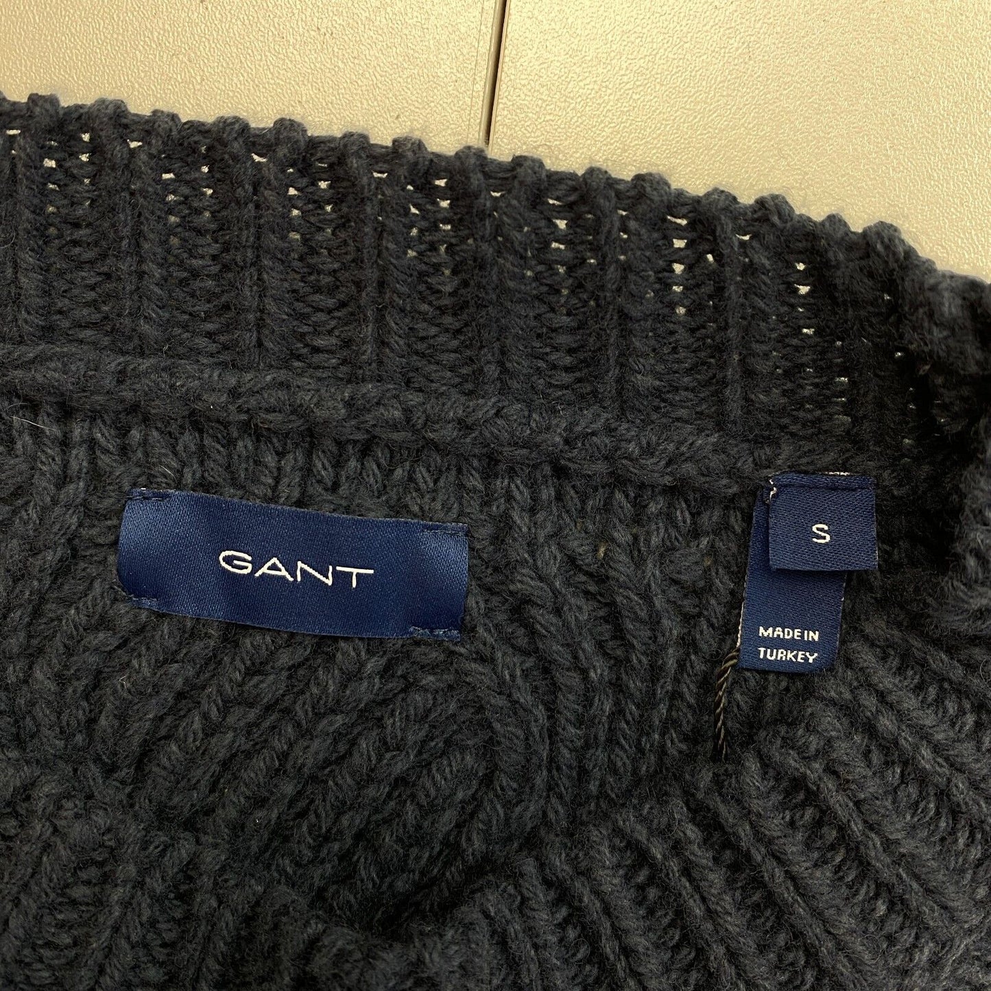 GANT Pullover mit Rundhalsausschnitt und grafischem Zopfmuster, Marineblau, Größe S