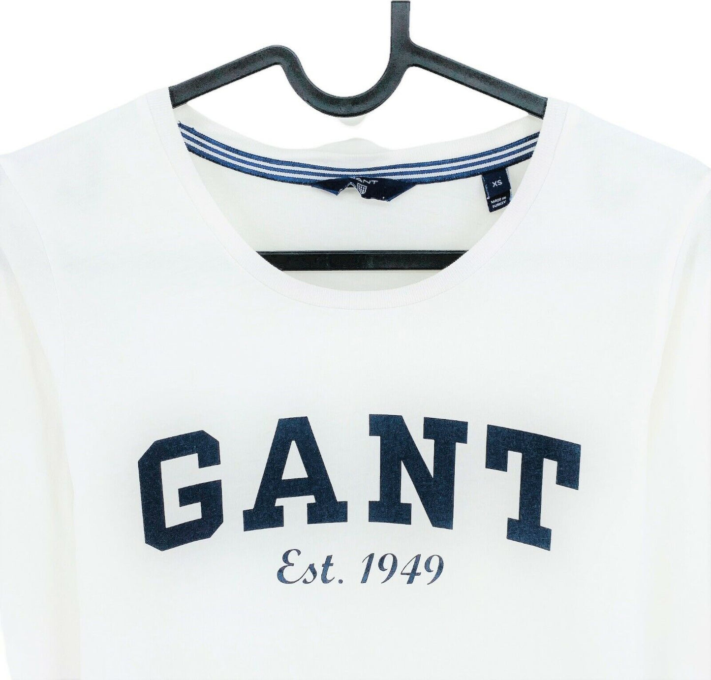 GANT T-Shirt mit Rundhalsausschnitt und großem Logo, langärmlig, Größe XS, weiß