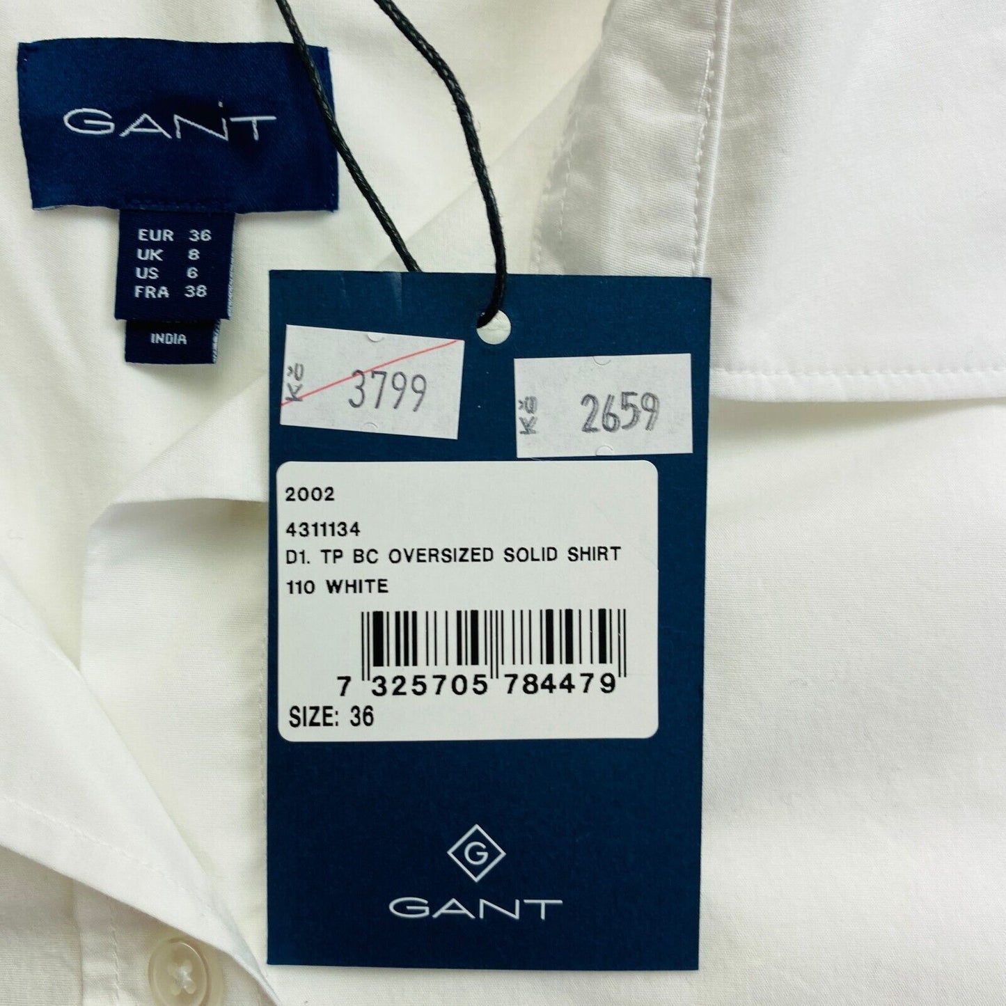 GANT White Tech Prep Broadcloth Oversized Solid Shirt Size EU 36 UK 8 US 6