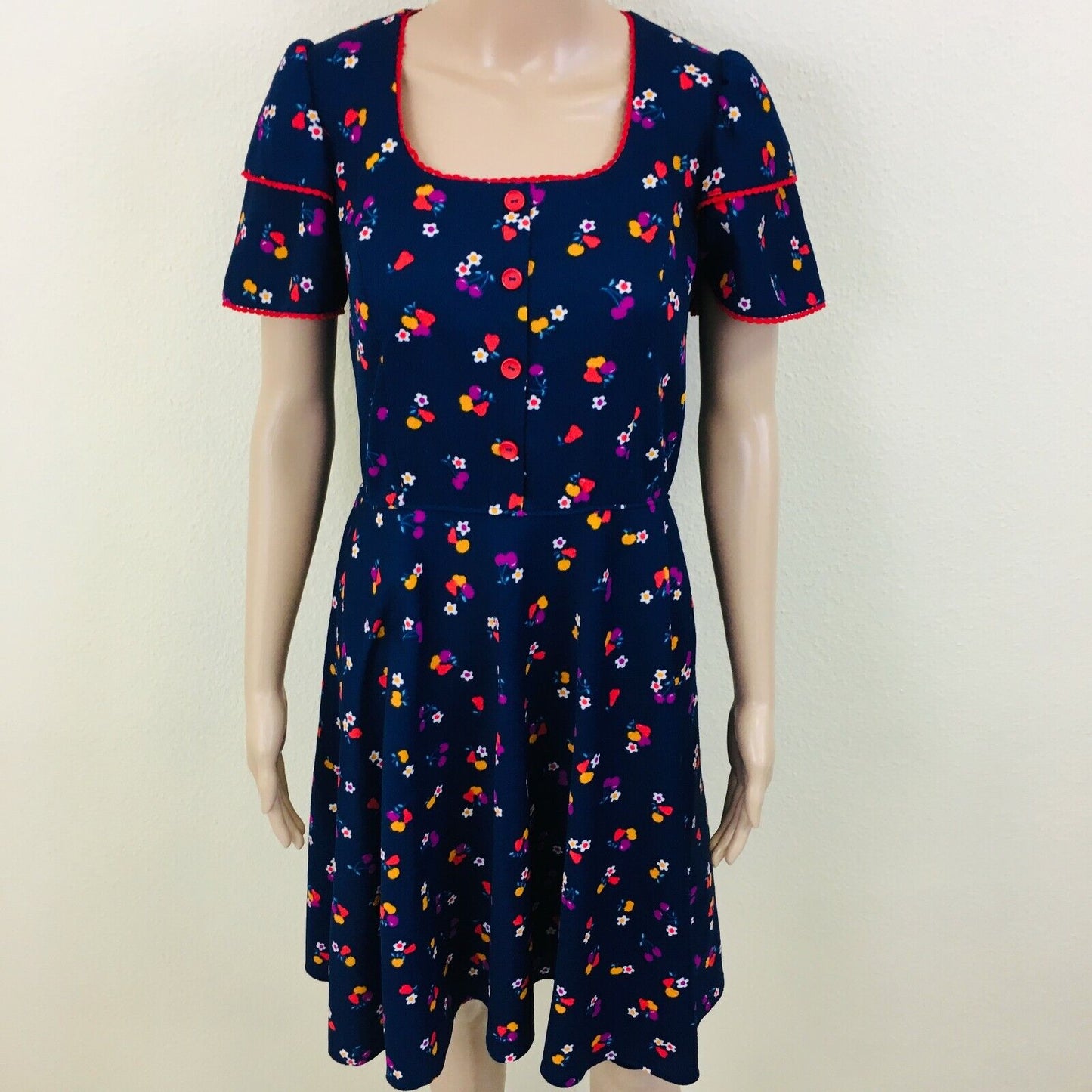 Custom Tailored French Flower Dark Blue Dress Size EUR 38 US 8 UK 10