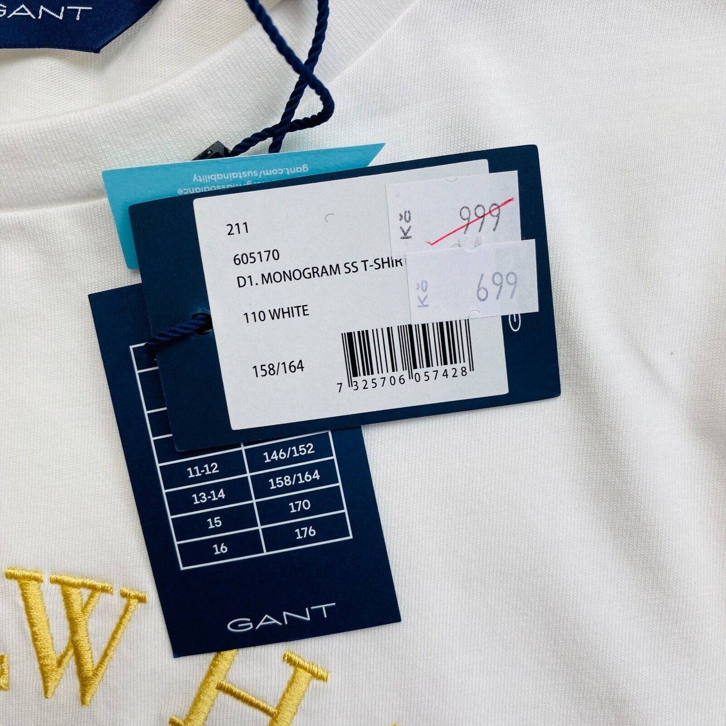 GANT Mädchen T-Shirt mit Rundhalsausschnitt und Monogramm-Logo, weiß, Größe 13 – 14 Jahre, 158/164 cm