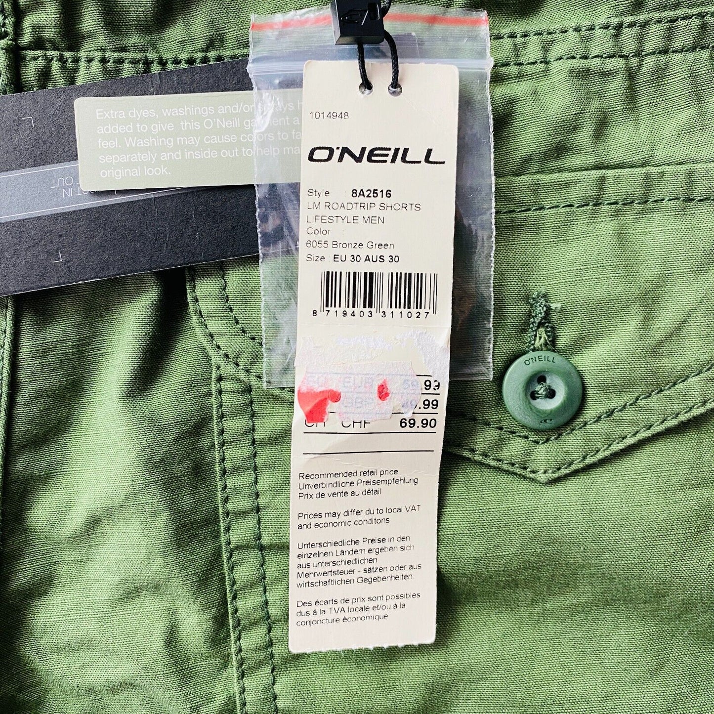 O'Neill Mens Green Regular Fit Road Trip Shorts Size W30