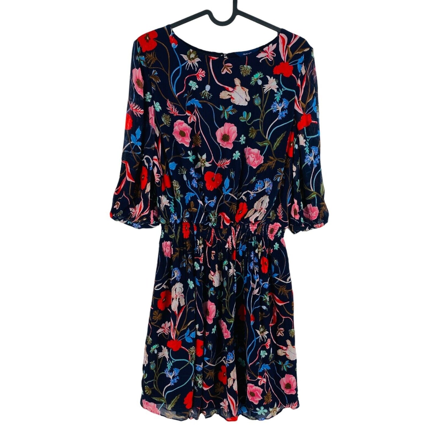 GANT Navy Blue Floral Print Pleated Crew Neck Dress Size EU 36 UK 8 US 6