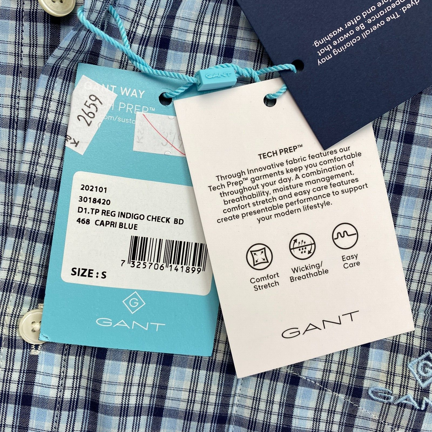 GANT Blue Tech Prep Indigo Check Regular Fit Shirt Size S 37/38 15