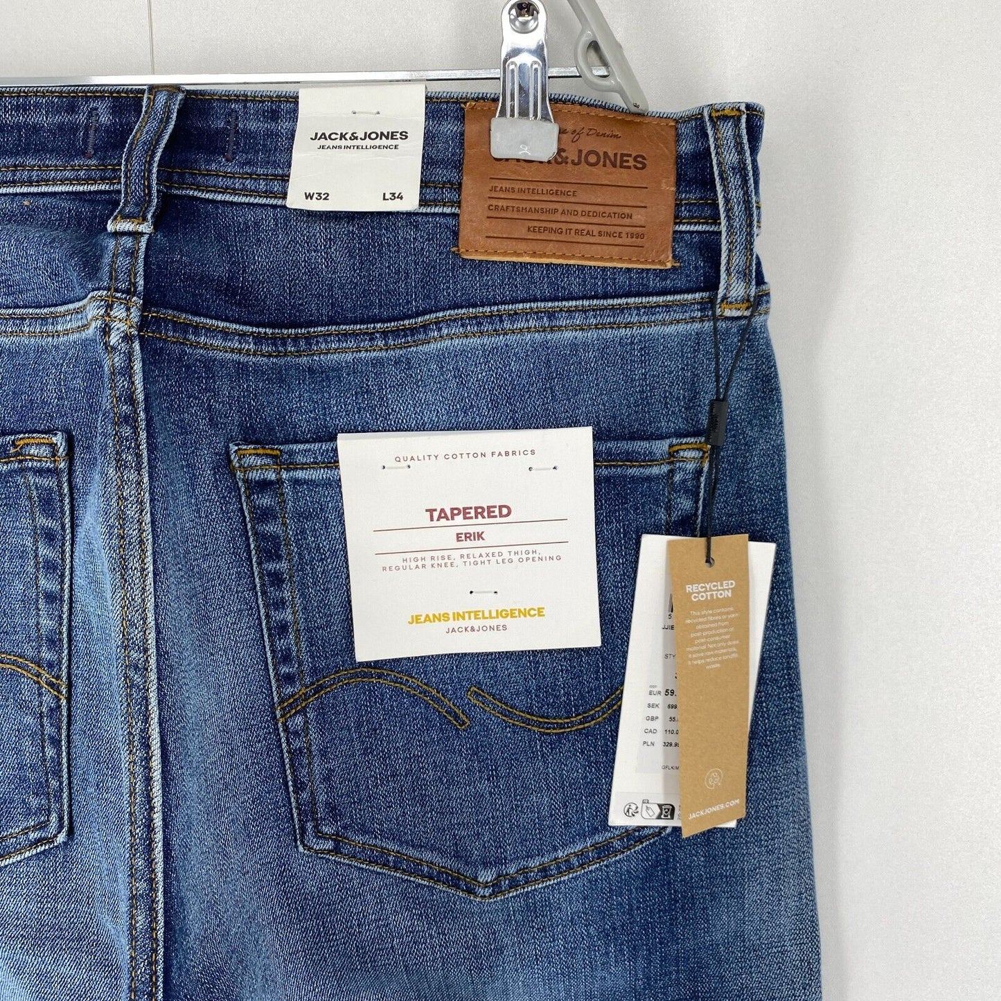 JACK &amp; JONES ERIK Blaue Jeans mit hoher Taille und entspannter, konischer Passform, W32 L34