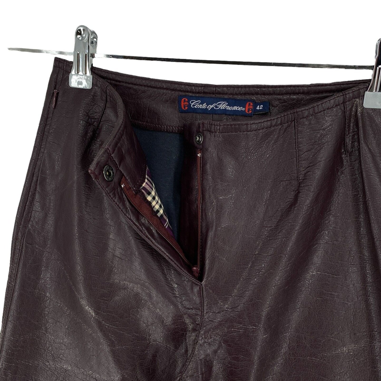 Conte of Florence Dark Purple Faux Leather Wide Leg Trousers Size W24 L32