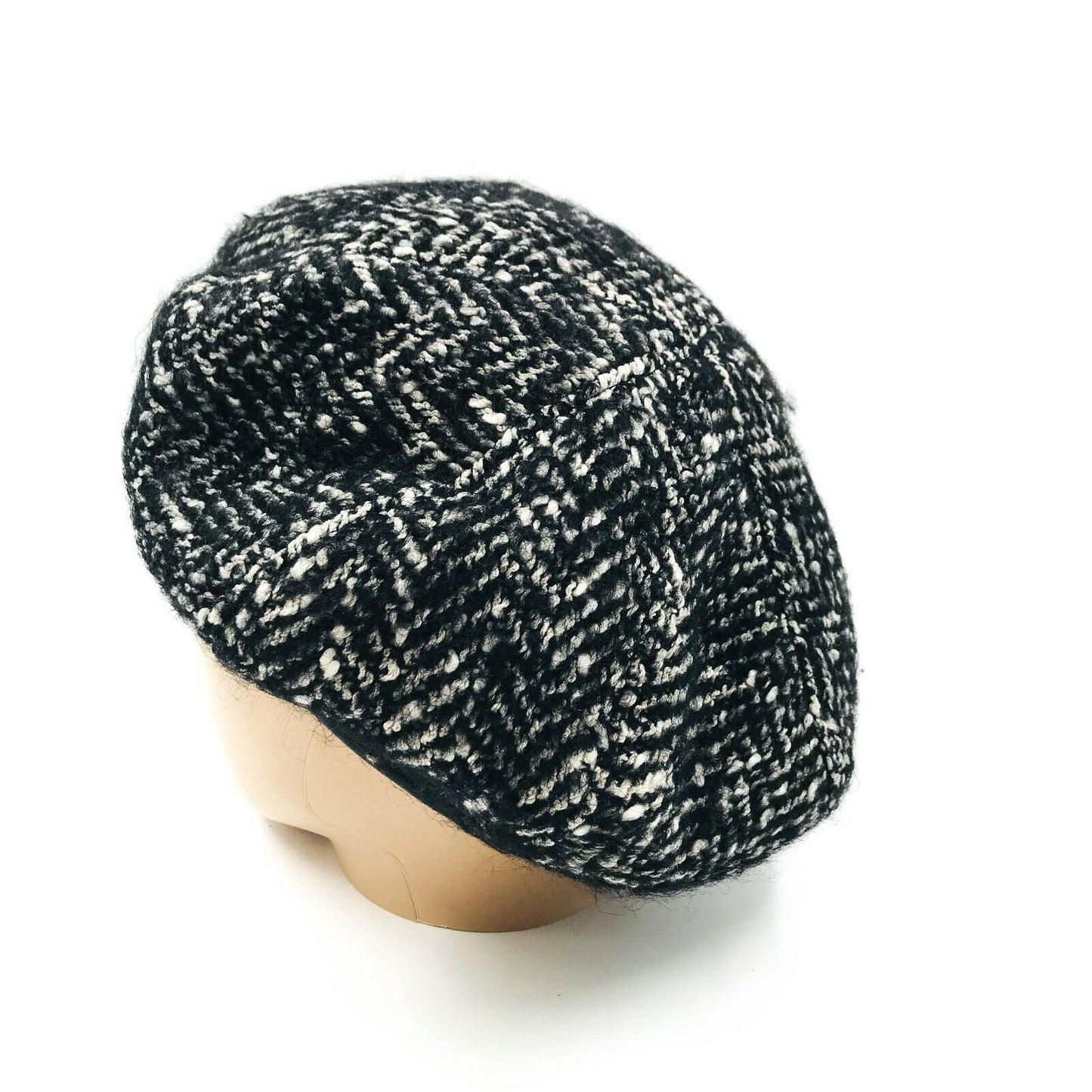 Persona Black White Wool Blend & Leather Beret Hat One Size