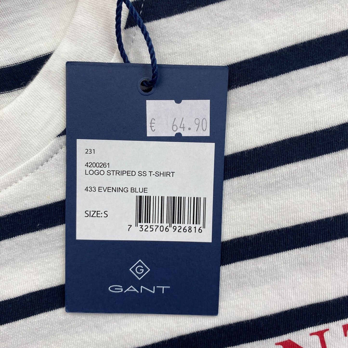 GANT Women Navy Blue Logo Striped Crew Neck Short Sleeve T Shirt Size S