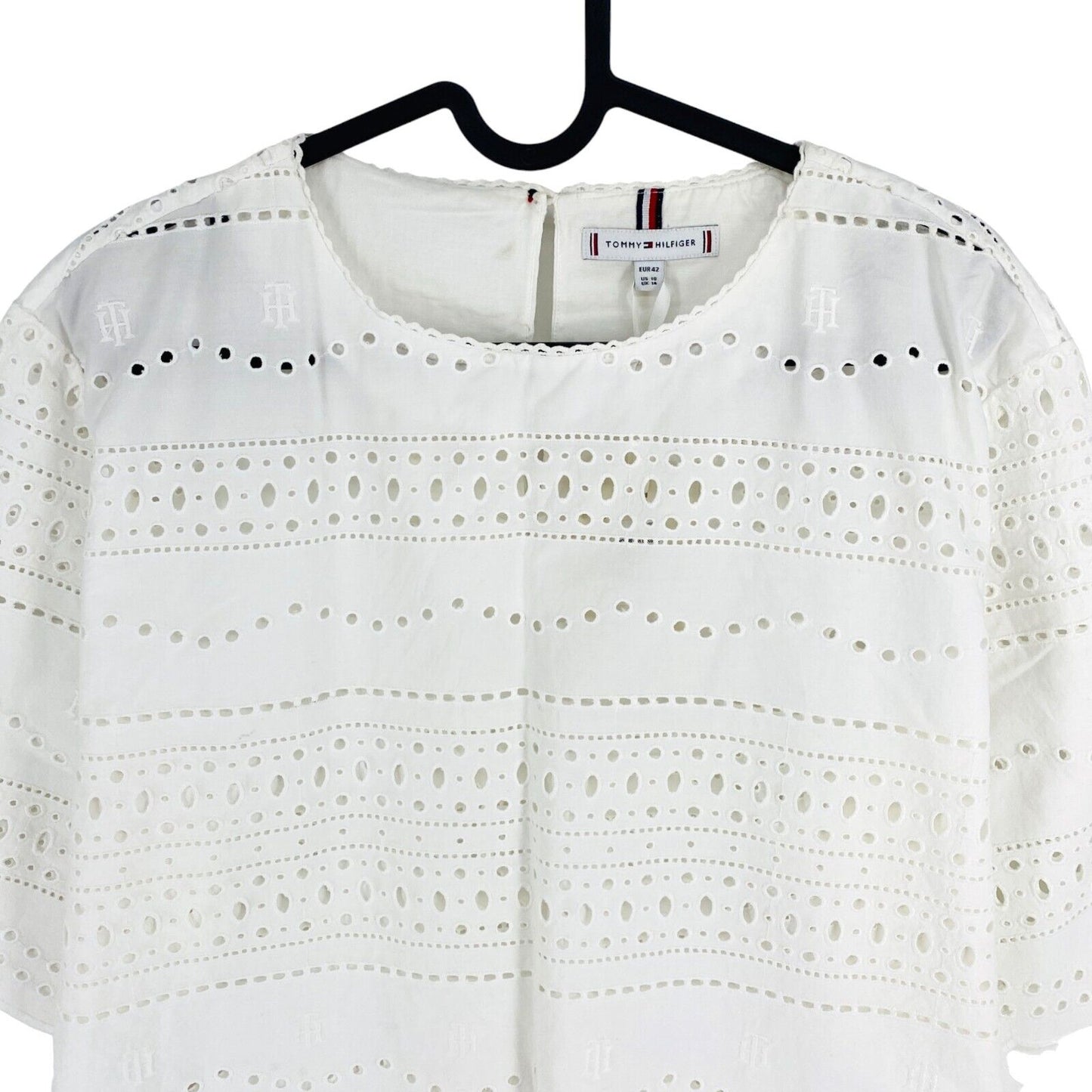 Tommy Hilfiger Women White Broderie Crew Neck Blouse Size EU 42 UK 14 US 10