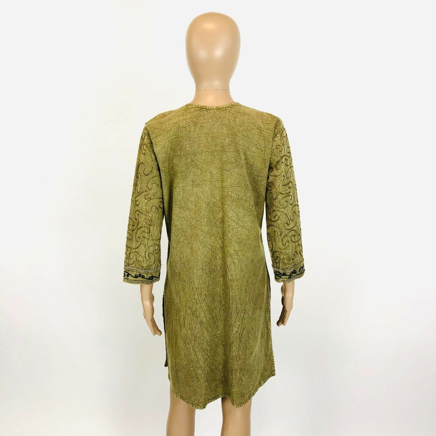 Olive Green Gold Embroided Kaftan Tunic Dress Size S