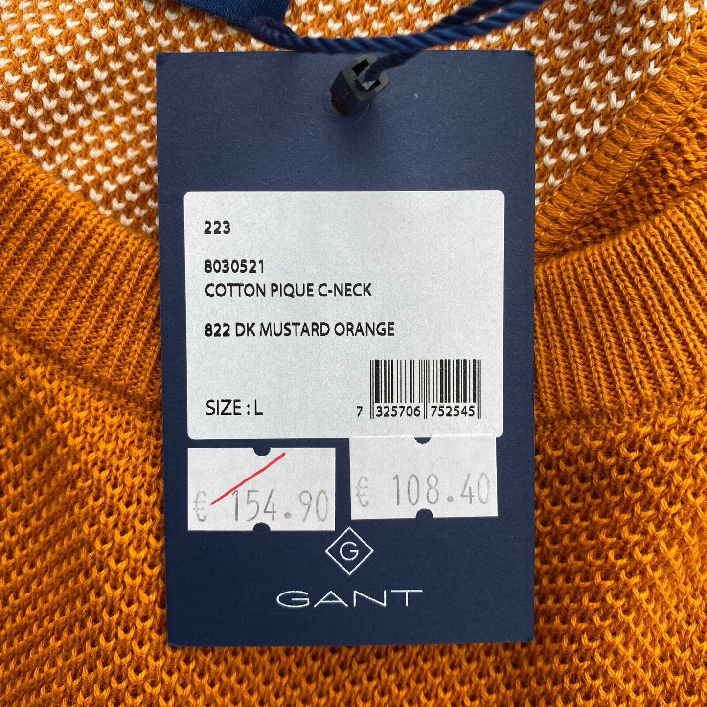 Prix ​​conseillé 154 € GANT Pull à col rond en piqué jaune foncé Taille L