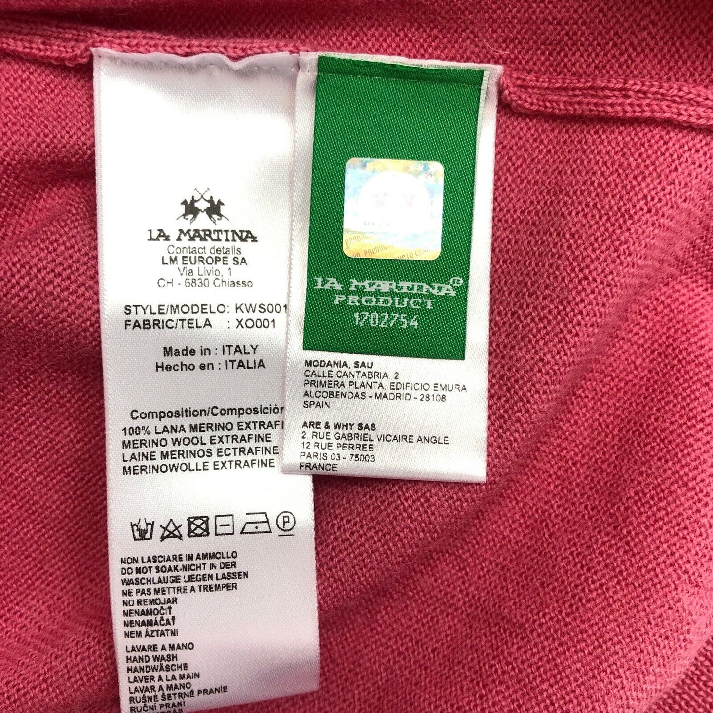 LA MARTINA Pullover mit V-Ausschnitt, 100 % Merinowolle, Rosa, Größe 3/L