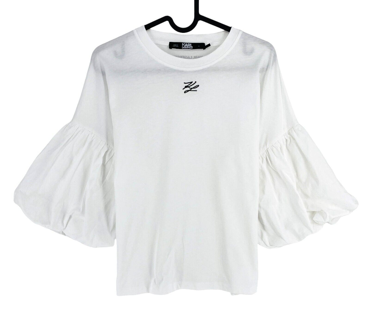 Karl Lagerfeld Women White Puffy Sleeves Crew Neck T Shirt Size M