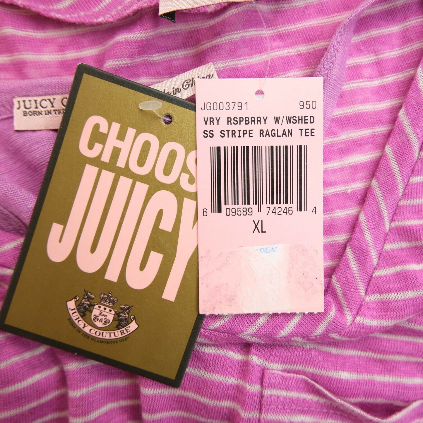 Prix ​​conseillé 169 € JUICY COUTURE Rose Raglan Stripe 100% Lin Top Blouse Taille L XL