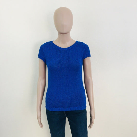 ZARA Blue Round Neck Cotton Knit T Shirt Top Jumper Size S