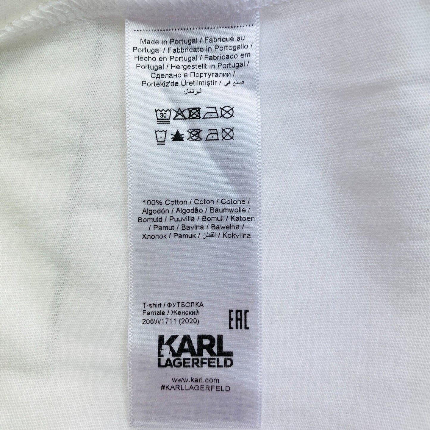 Karl Lagerfeld White Square Address Logo Rundhals-T-Shirt Größe XS