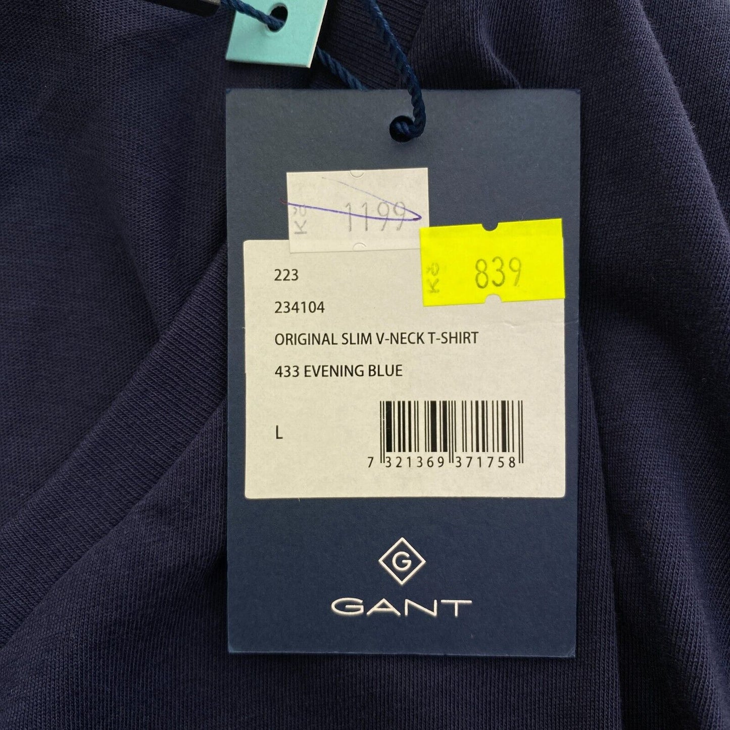 GANT Men Navy Blue Original Slim Fit V Neck Short Sleeves T Shirt Size L