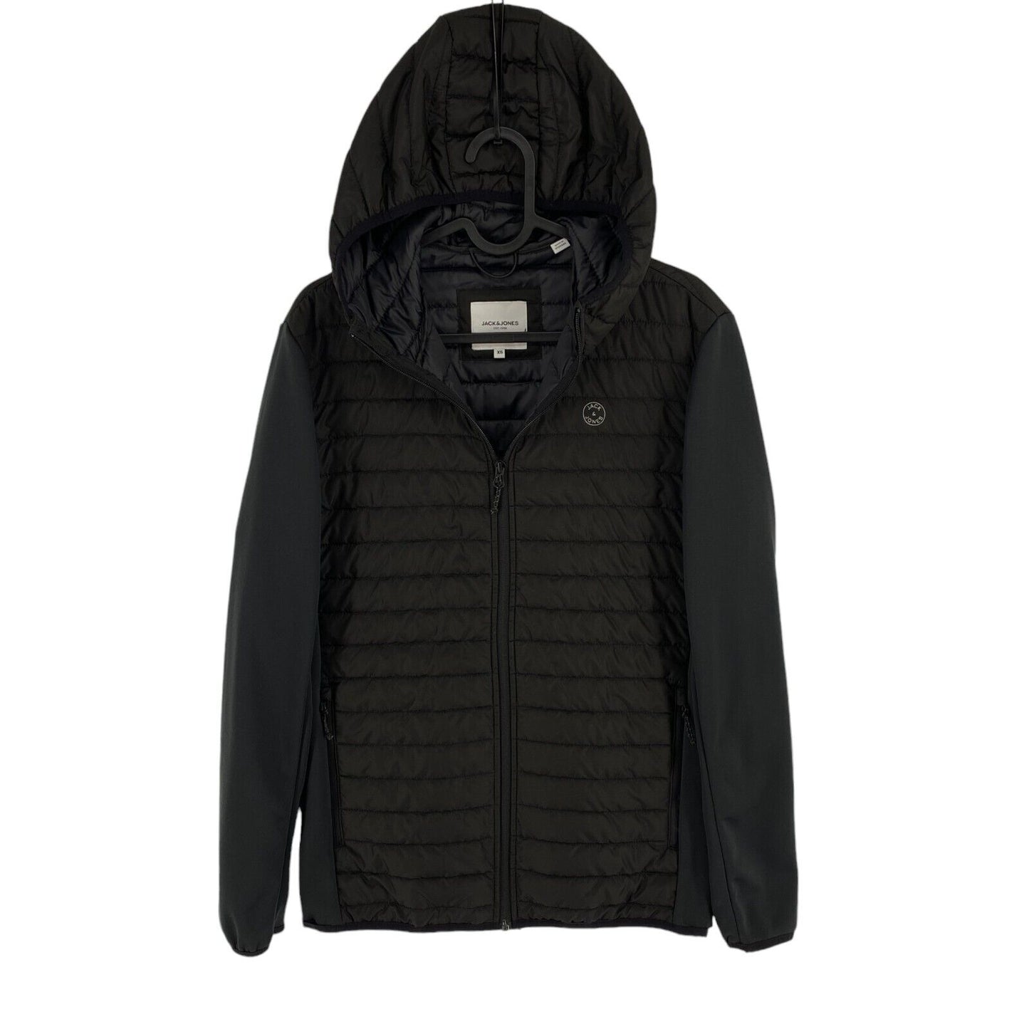 JACK&JONES Men Black Multi Quilted Hooded Jacket Coat Size XS