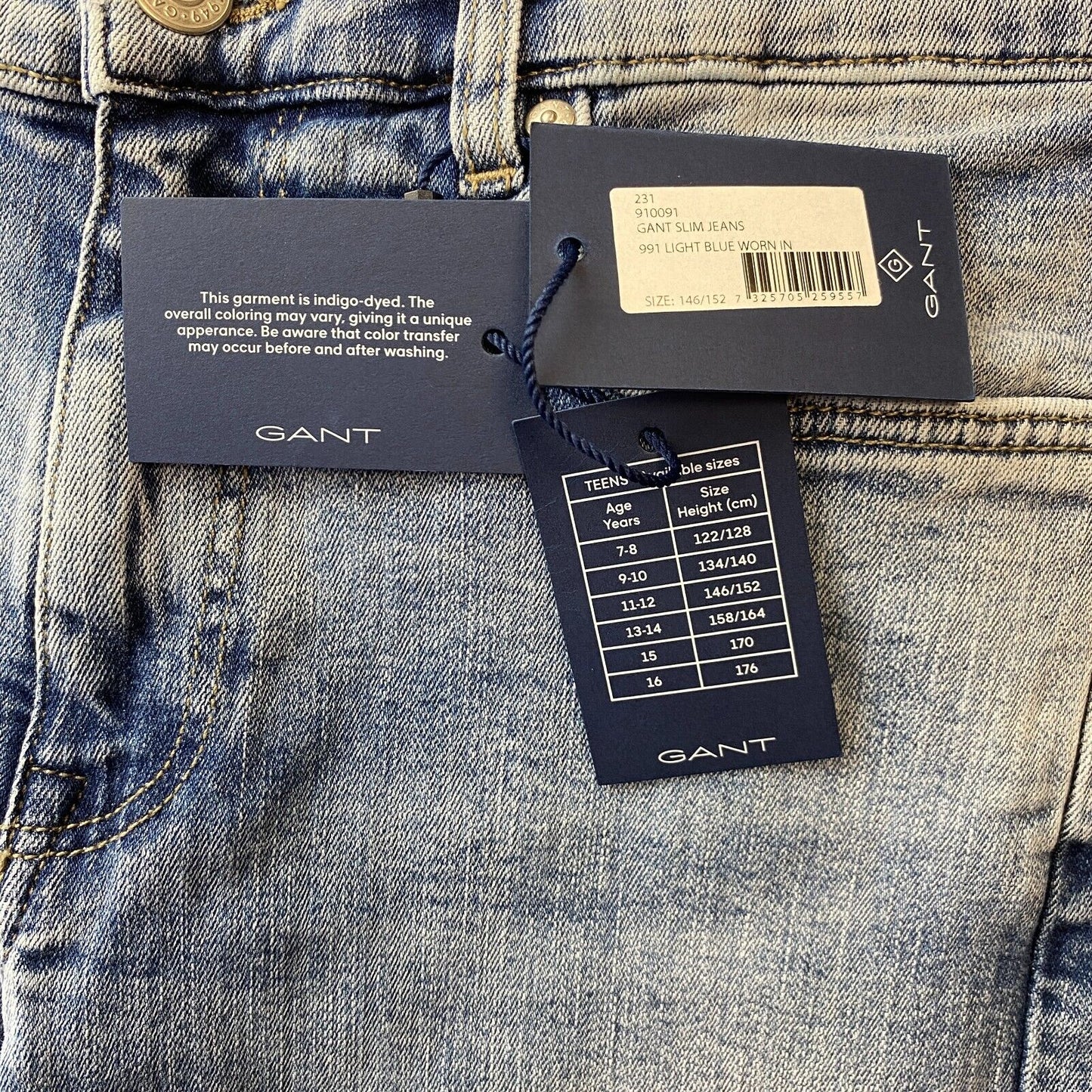 Jean slim bleu GANT pour garçon 146 / 152 cm. 11 - 12 ans W30 L26