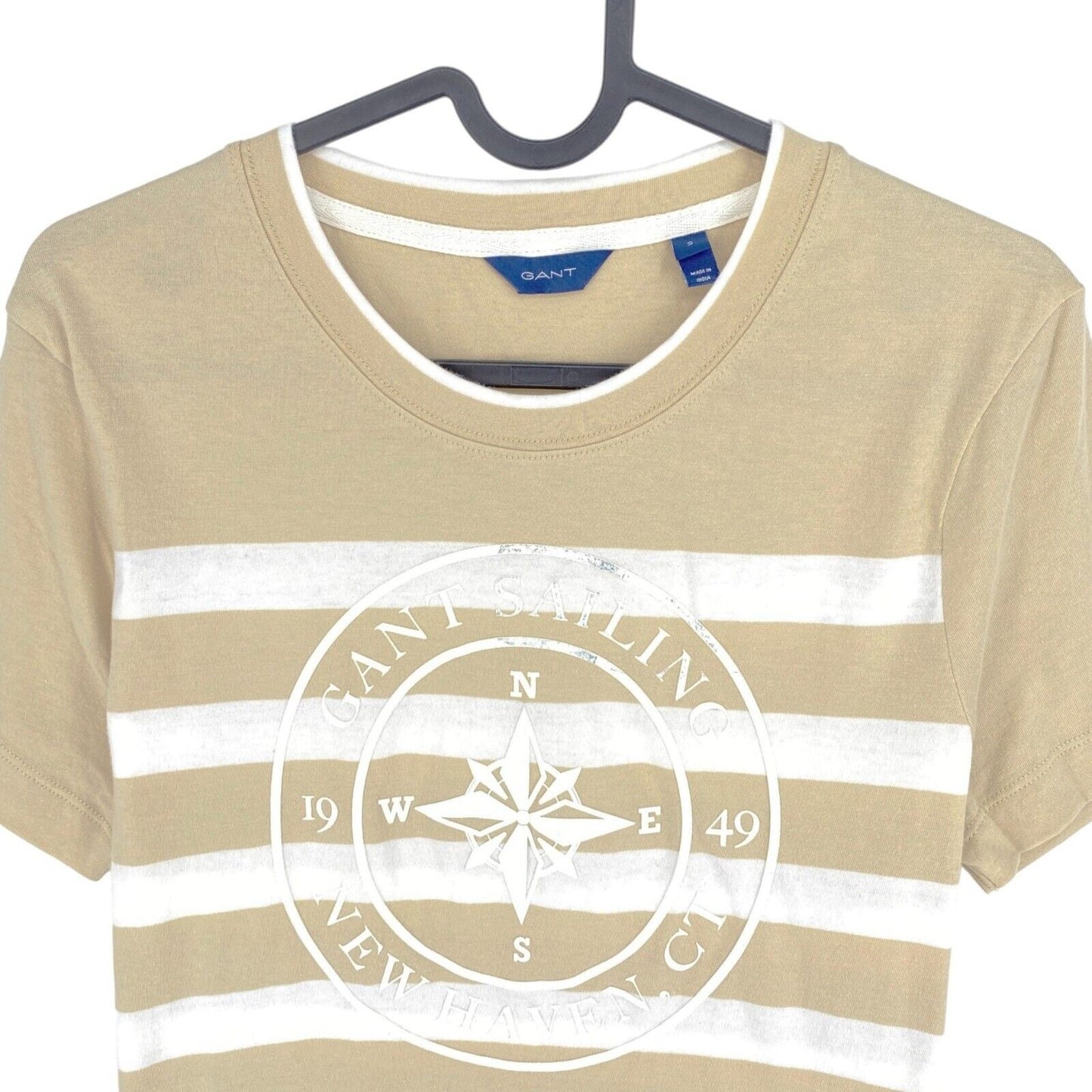 GANT Women Beige Printed Striped Crew Neck Short Sleeve T Shirt Size S