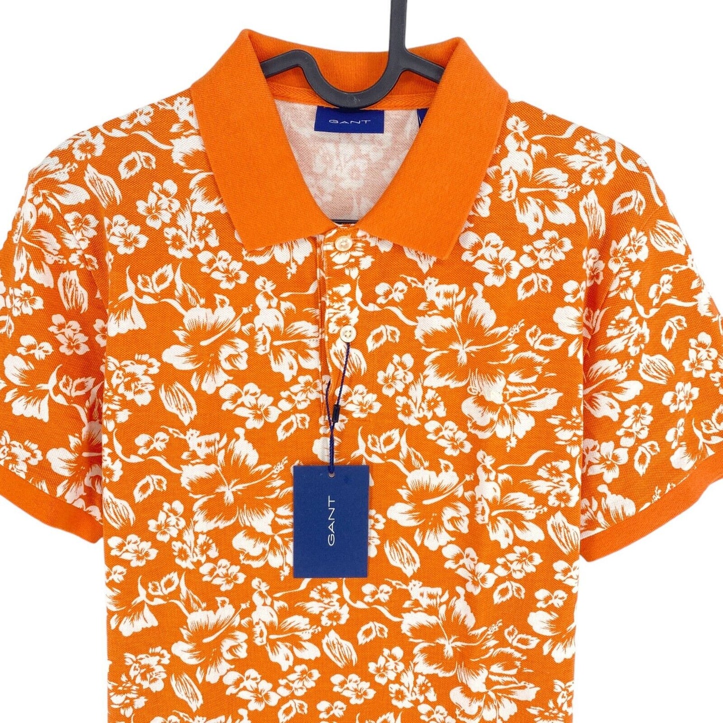 GANT Men Orange Floral Print Pique Short Sleeve Polo Shirt Size S