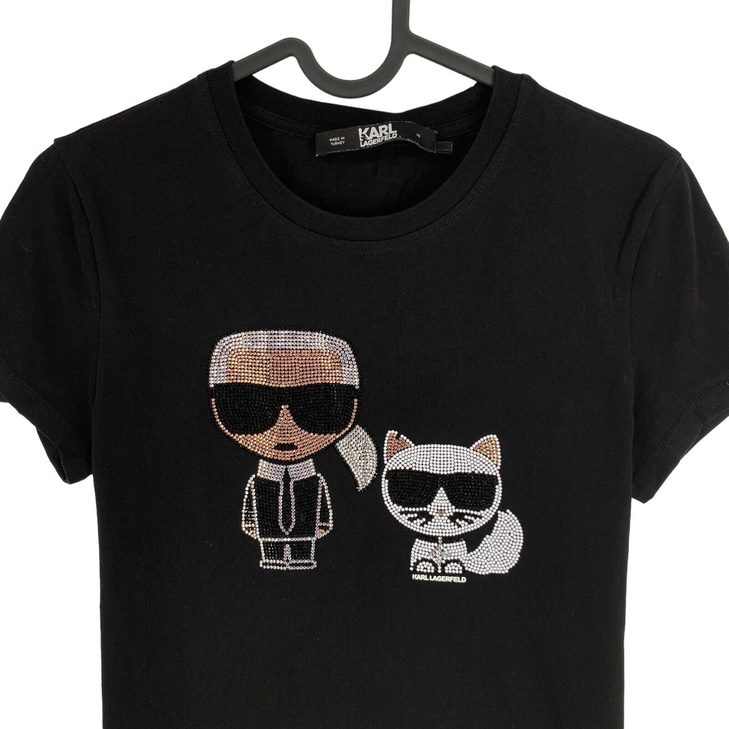 Karl Lagerfeld Black Ikonik Rhinestone Karl Choupette Crew Neck T Shirt Size XS