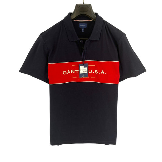 GANT Men Navy Blue Banner Shield Rugger Short Sleeve Polo Shirt Size 2XL