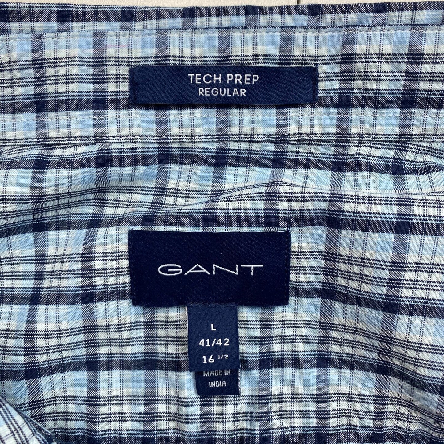 GANT Blue Tech Prep Indigo Check Regular Fit Shirt Size L 41/42 16.5