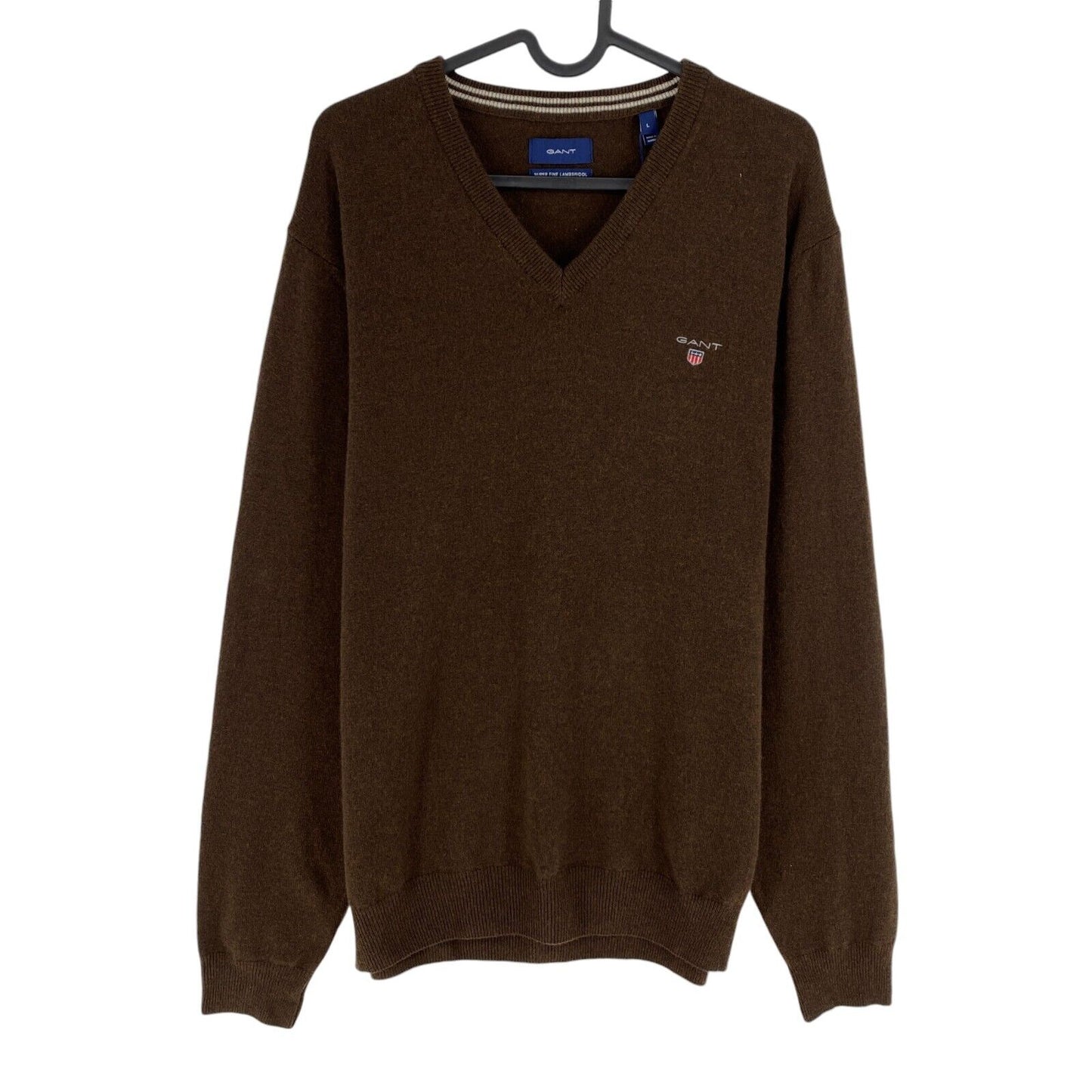 GANT Men Brown 100% Wool V Neck Sweater Pullover Size L