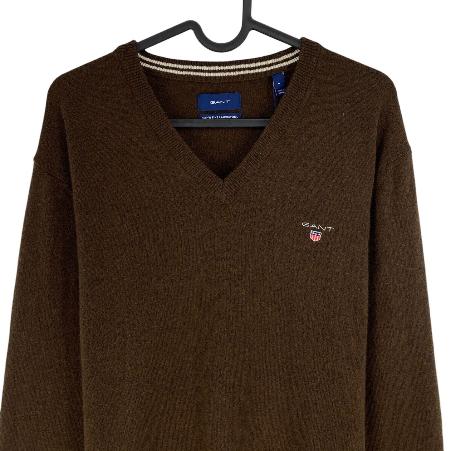 GANT Men Brown 100% Wool V Neck Sweater Pullover Size L