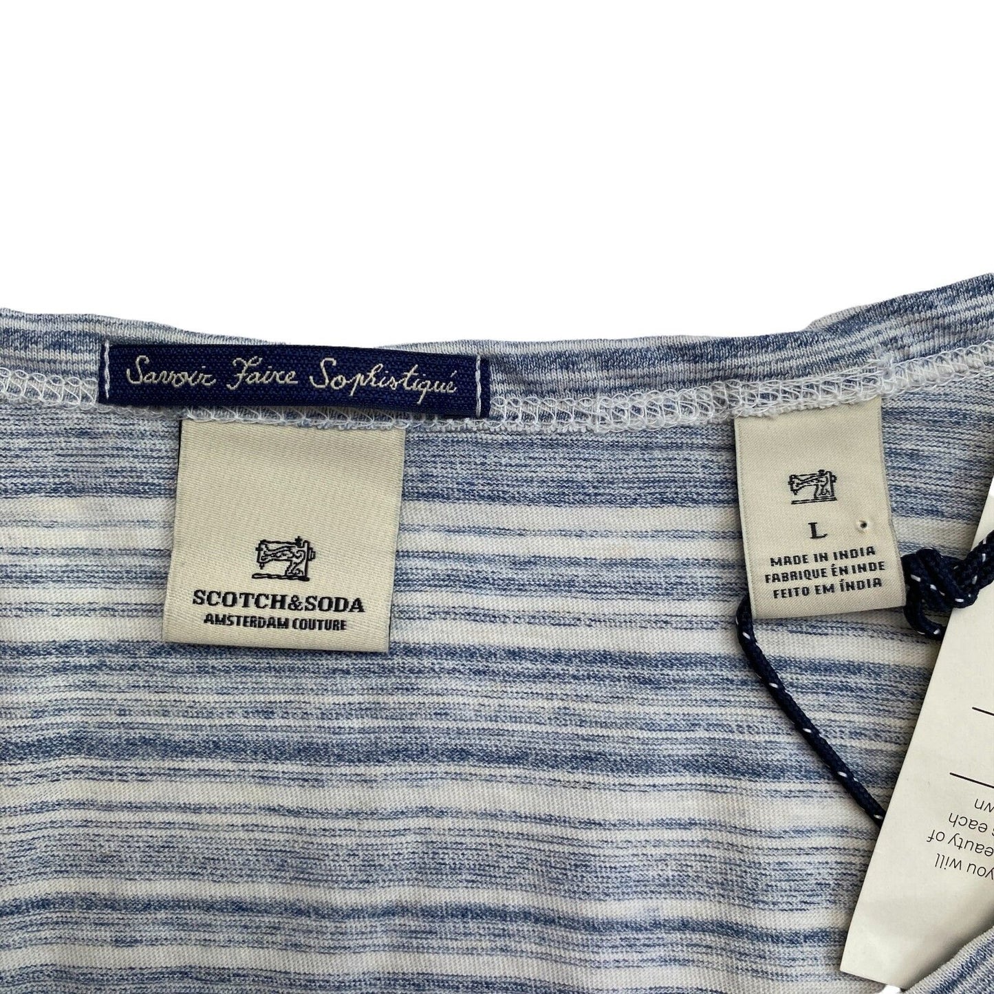 SCOTCH & SODA Light Blue Striped Round Neck 3/4 Sleeves T Shirt Size L