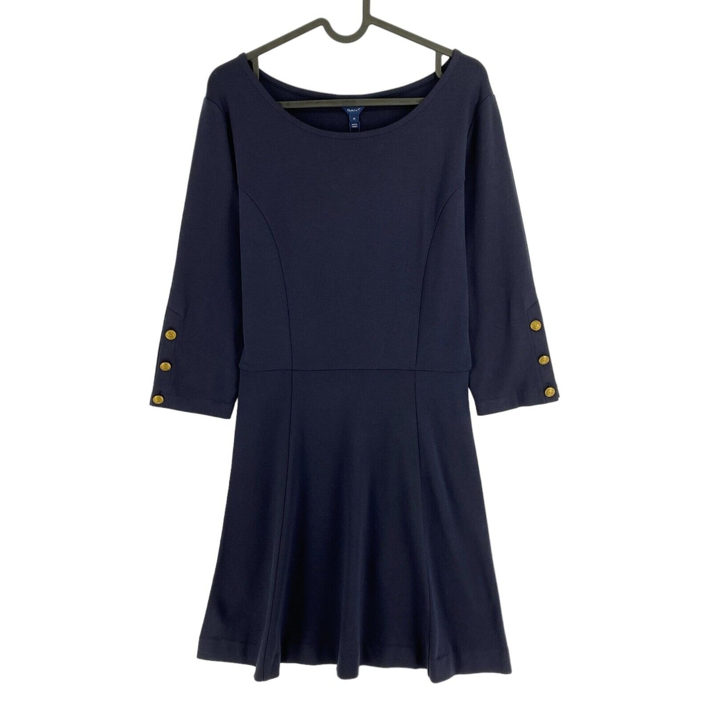 GANT Marineblaues Jerseykleid mit U-Boot-Ausschnitt und goldenen Knöpfen, Größe M